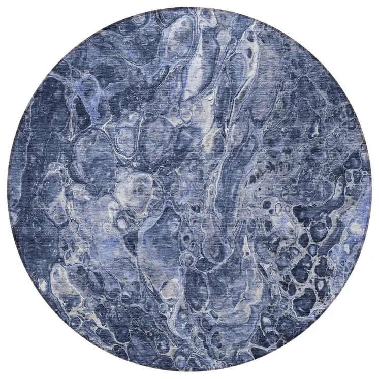 8' Navy Blue And Gray Round Abstract Washable Indoor Outdoor Area Rug