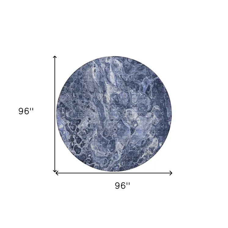 8' Navy Blue And Gray Round Abstract Washable Indoor Outdoor Area Rug