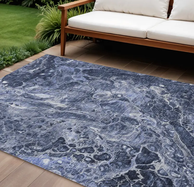 9' X 12' Navy Blue And Gray Abstract Washable Indoor Outdoor Area Rug