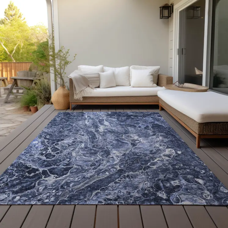 9' X 12' Navy Blue And Gray Abstract Washable Indoor Outdoor Area Rug