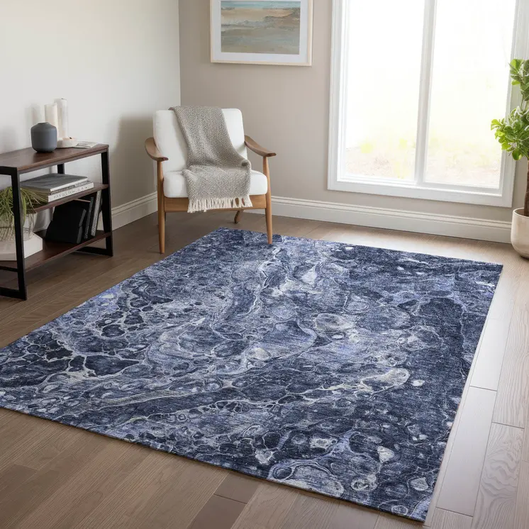 9' X 12' Navy Blue And Gray Abstract Washable Indoor Outdoor Area Rug