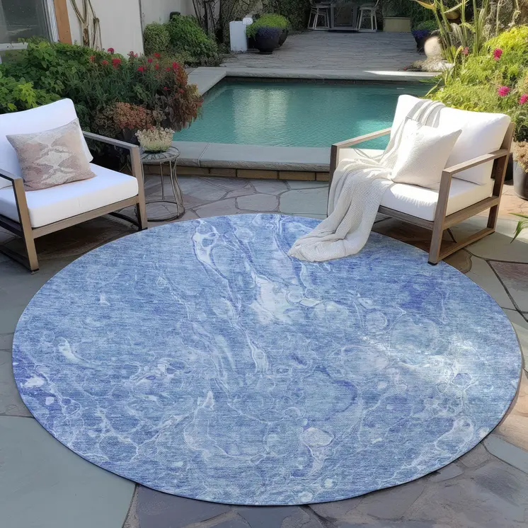 8' Sky Blue And Navy Blue Round Abstract Washable Indoor Outdoor Area Rug