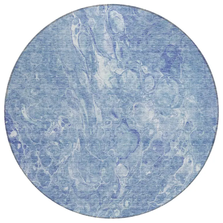 8' Sky Blue And Navy Blue Round Abstract Washable Indoor Outdoor Area Rug