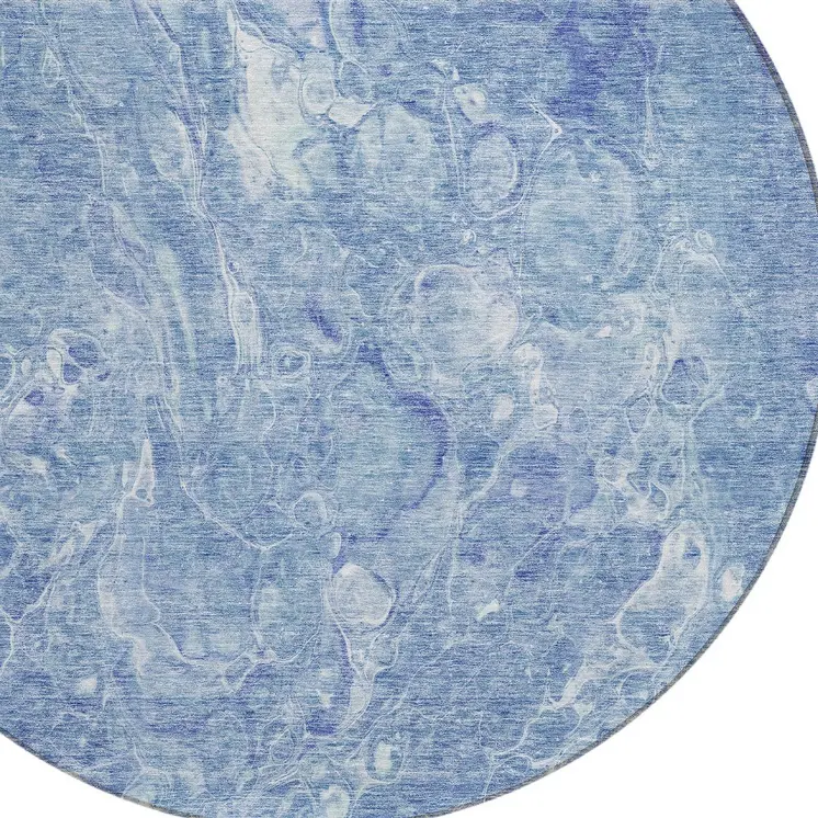8' Sky Blue And Navy Blue Round Abstract Washable Indoor Outdoor Area Rug