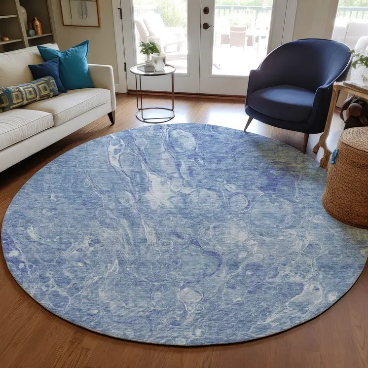 8' Sky Blue And Navy Blue Round Abstract Washable Indoor Outdoor Area Rug