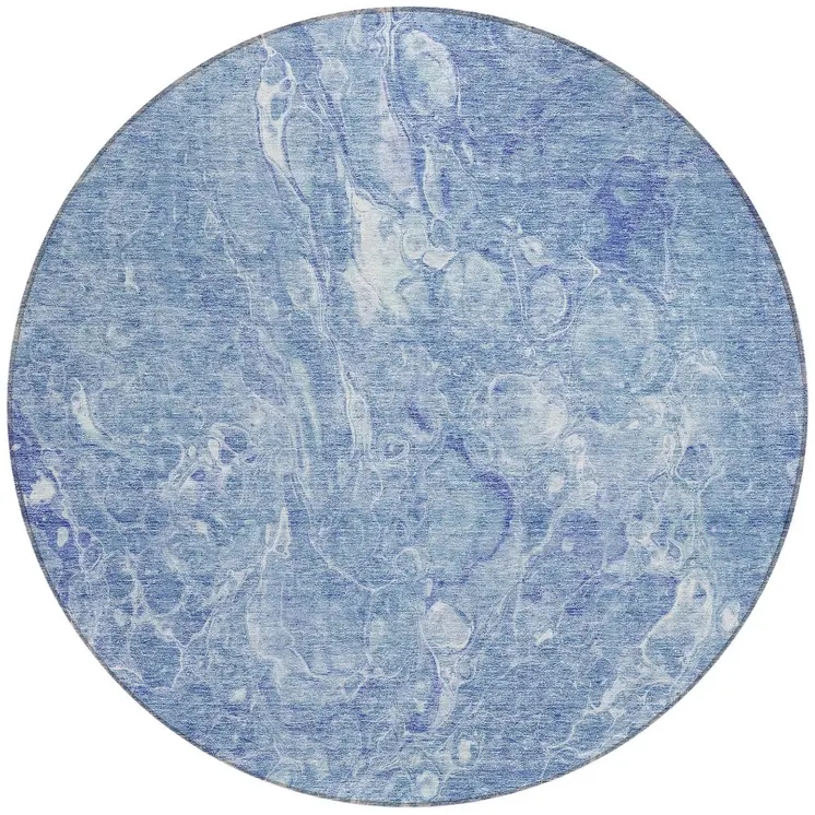 8' Sky Blue And Navy Blue Round Abstract Washable Indoor Outdoor Area Rug