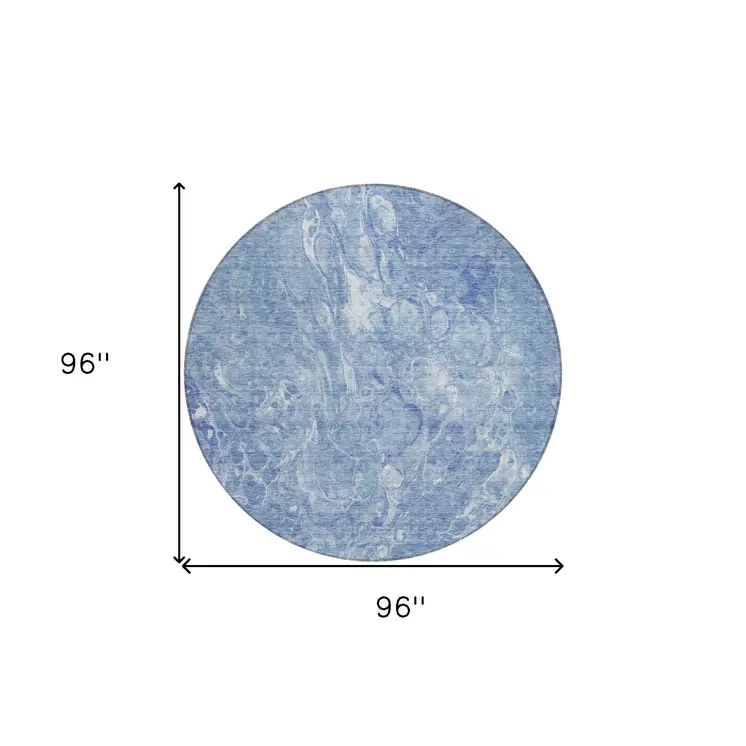 8' Sky Blue And Navy Blue Round Abstract Washable Indoor Outdoor Area Rug