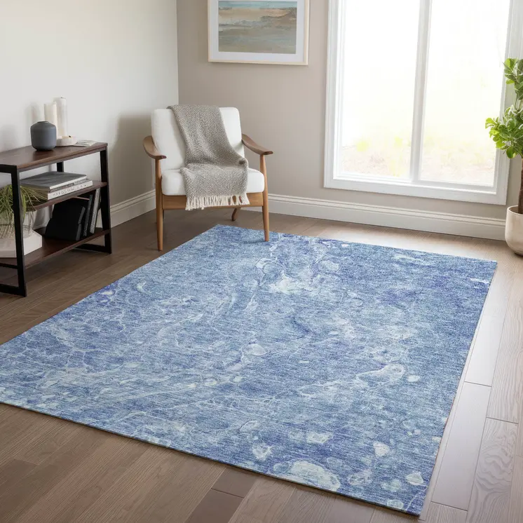 9' X 12' Sky Blue And Navy Blue Abstract Washable Indoor Outdoor Area Rug