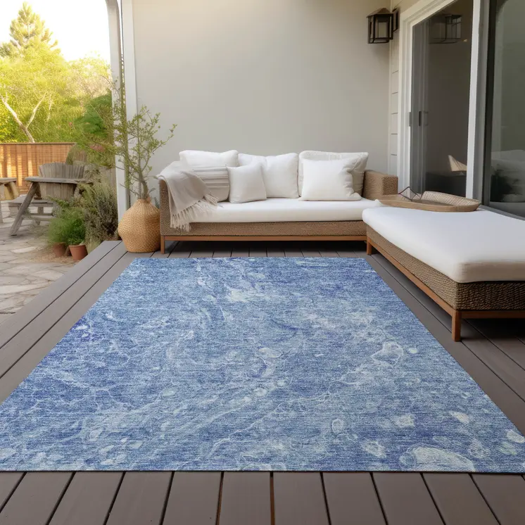 10' X 14' Sky Blue And Navy Blue Abstract Washable Indoor Outdoor Area Rug