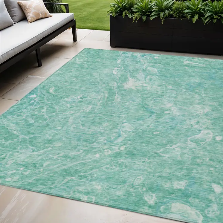 5' X 8' Teal Blue Aqua And Green Abstract Washable Indoor Outdoor Area Rug