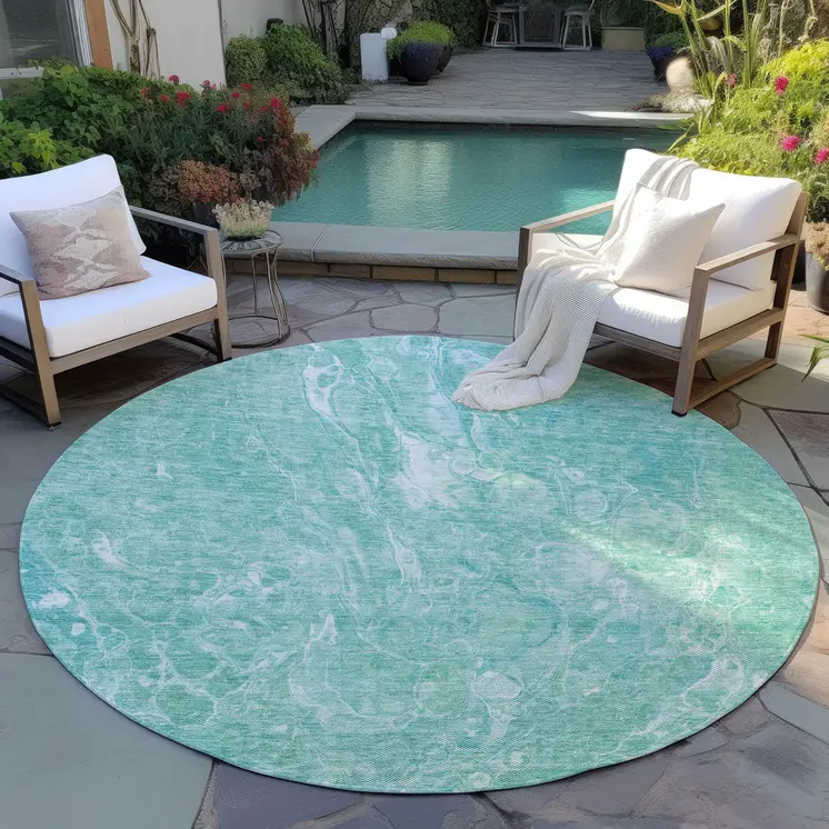 8' Teal Blue Aqua And Green Round Abstract Washable Indoor Outdoor Area Rug