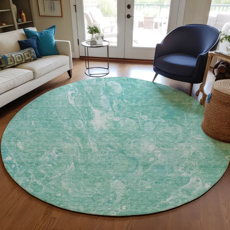 8' Teal Blue Aqua And Green Round Abstract Washable Indoor Outdoor Area Rug