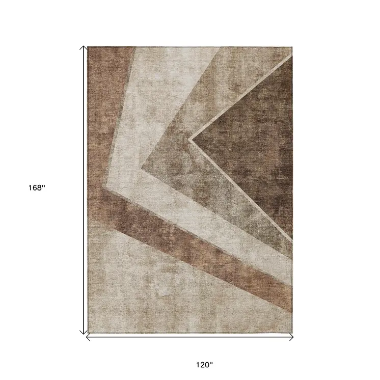 10' X 14' Brown And Beige Geometric Washable Indoor Outdoor Area Rug