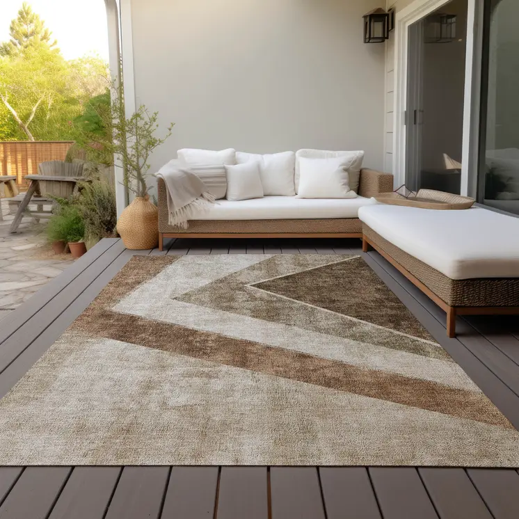 10' X 14' Brown And Beige Geometric Washable Indoor Outdoor Area Rug