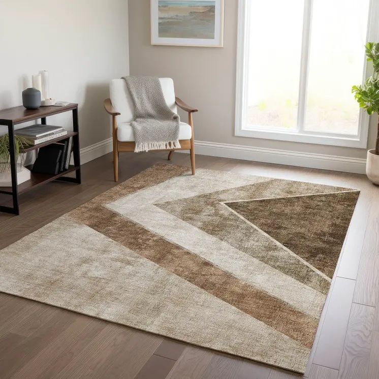 10' X 14' Brown And Beige Geometric Washable Indoor Outdoor Area Rug