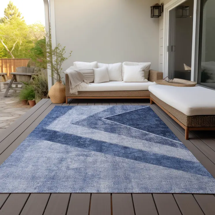 3' X 5' Navy Blue And Denim Blue Geometric Washable Indoor Outdoor Area Rug