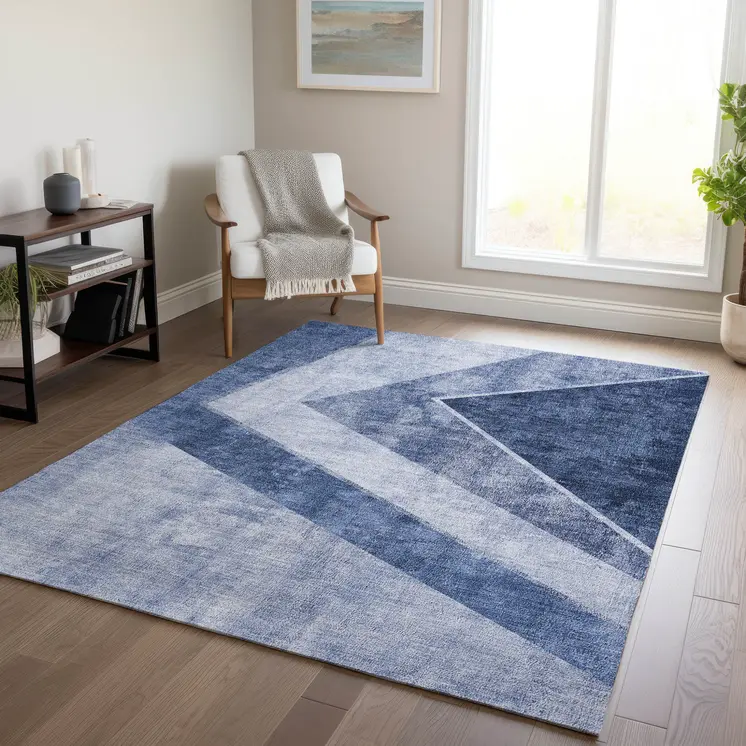 3' X 5' Navy Blue And Denim Blue Geometric Washable Indoor Outdoor Area Rug