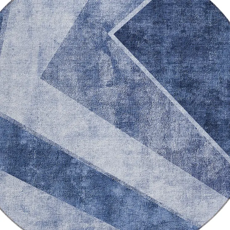 8' Navy Blue And Denim Blue Round Geometric Washable Indoor Outdoor Area Rug