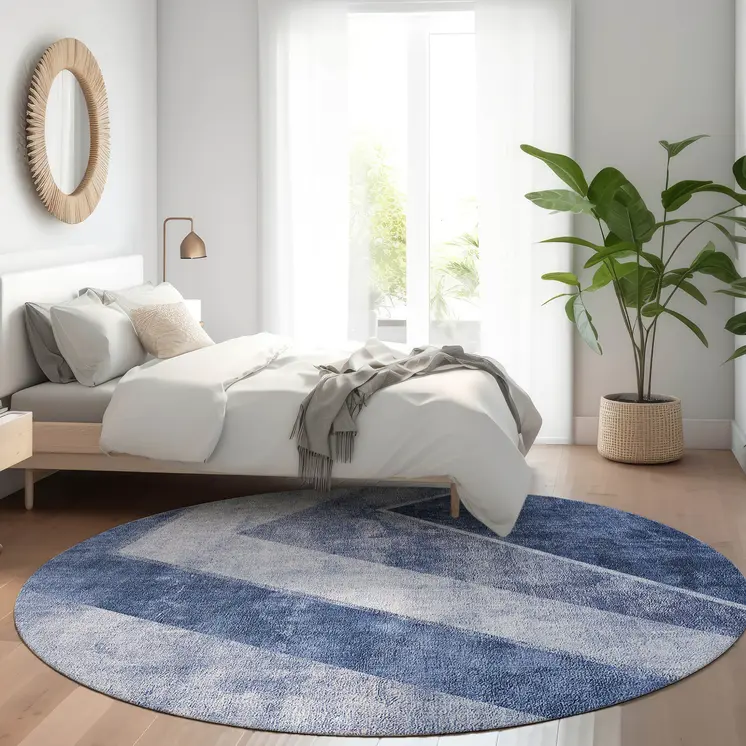 8' Navy Blue And Denim Blue Round Geometric Washable Indoor Outdoor Area Rug