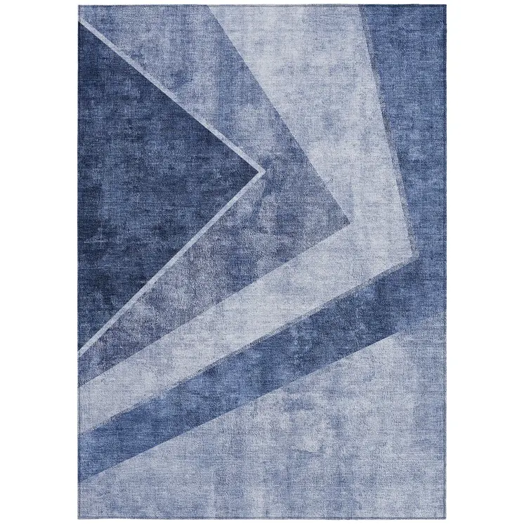 9' X 12' Navy Blue And Denim Blue Geometric Washable Indoor Outdoor Area Rug