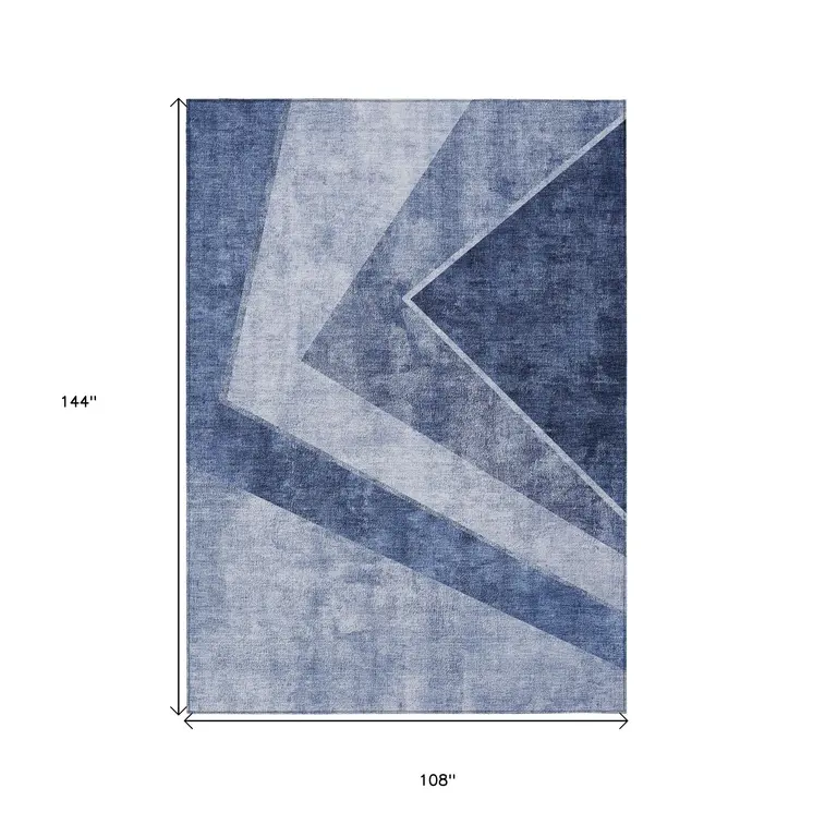 9' X 12' Navy Blue And Denim Blue Geometric Washable Indoor Outdoor Area Rug