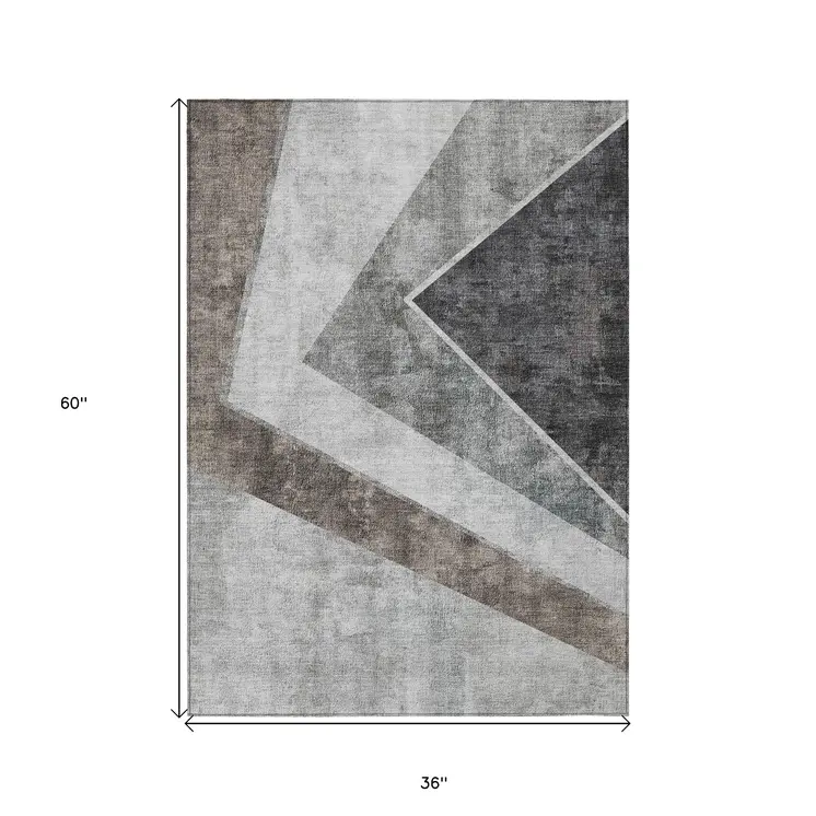3' X 5' Gray Silver And Charcoal Geometric Washable Indoor Outdoor Area Rug