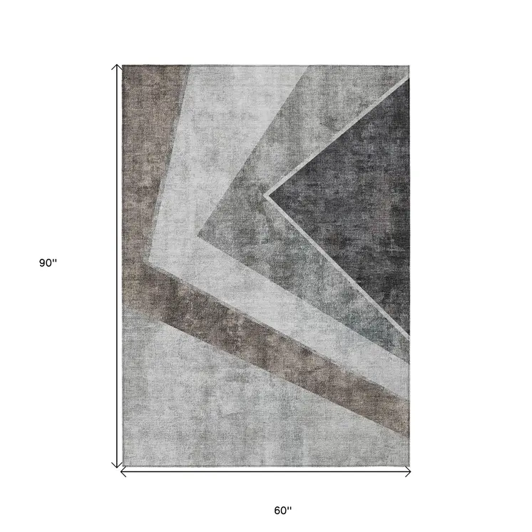 5' X 8' Gray Silver And Charcoal Geometric Washable Indoor Outdoor Area Rug