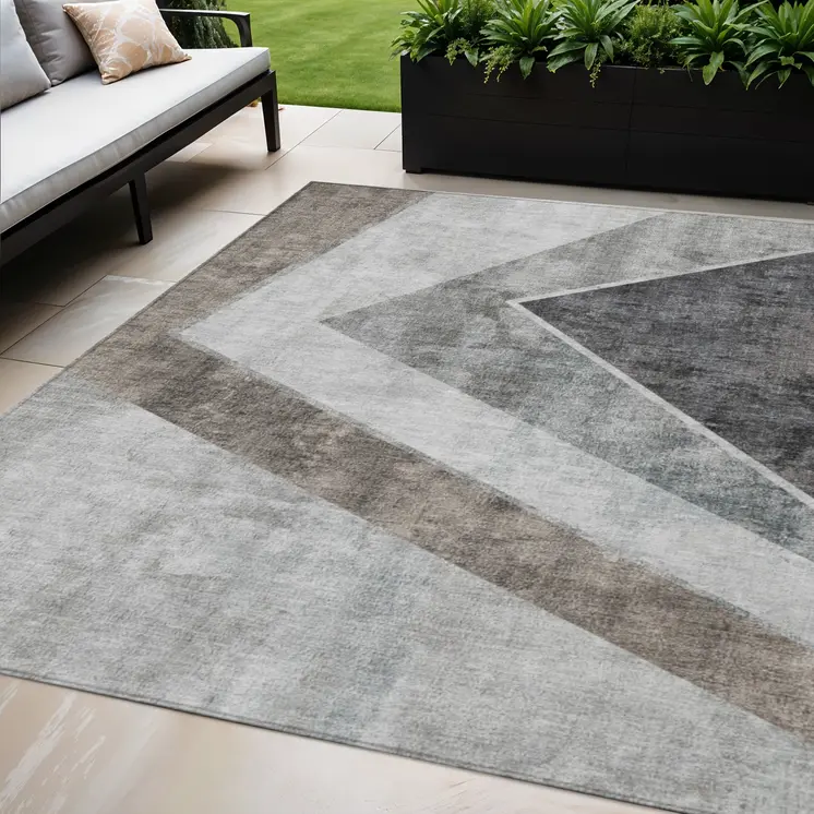 5' X 8' Gray Silver And Charcoal Geometric Washable Indoor Outdoor Area Rug