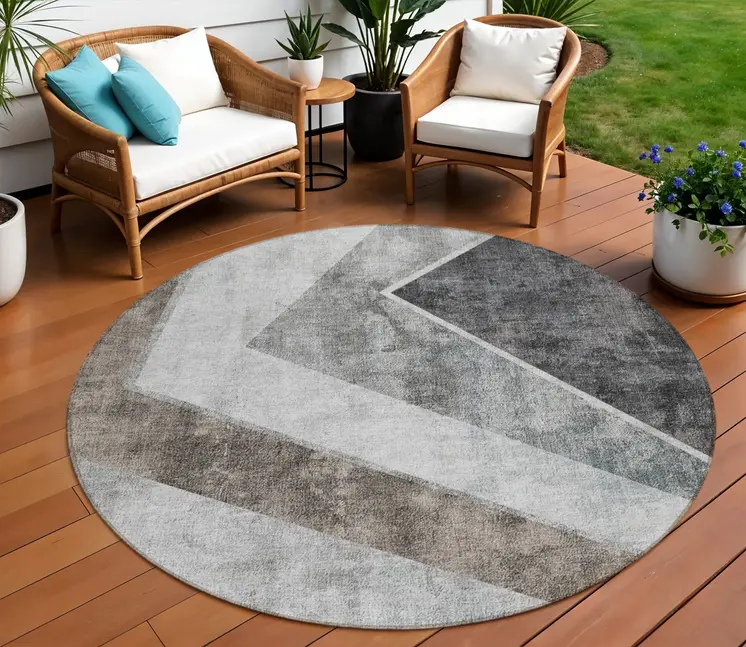 8' Gray Silver And Charcoal Round Geometric Washable Indoor Outdoor Area Rug