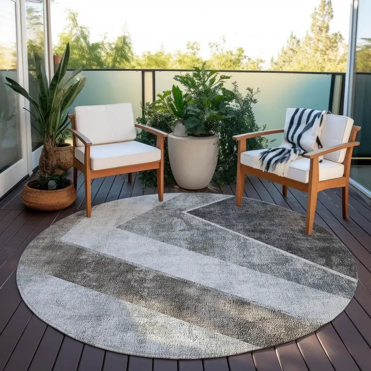 8' Gray Silver And Charcoal Round Geometric Washable Indoor Outdoor Area Rug