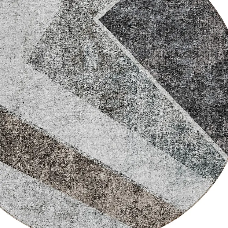 8' Gray Silver And Charcoal Round Geometric Washable Indoor Outdoor Area Rug