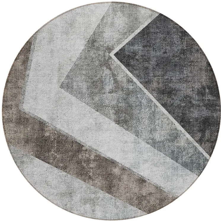8' Gray Silver And Charcoal Round Geometric Washable Indoor Outdoor Area Rug