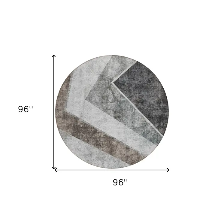 8' Gray Silver And Charcoal Round Geometric Washable Indoor Outdoor Area Rug