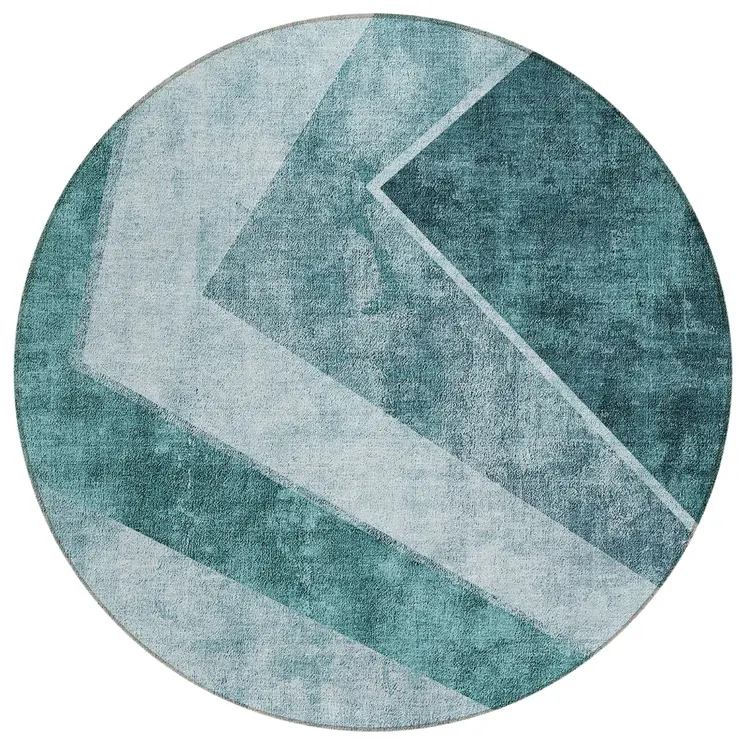 8' Teal Blue Aqua And Blue Round Geometric Washable Indoor Outdoor Area Rug