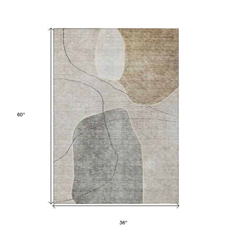 3' X 5' Beige Brown And Taupe Abstract Washable Indoor Outdoor Area Rug