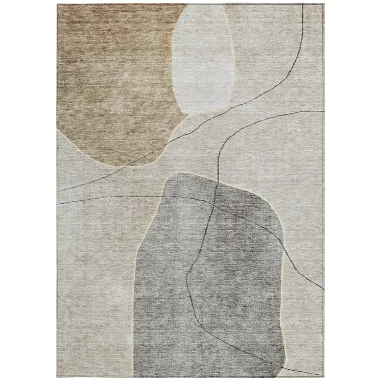 3' X 5' Beige Brown And Taupe Abstract Washable Indoor Outdoor Area Rug