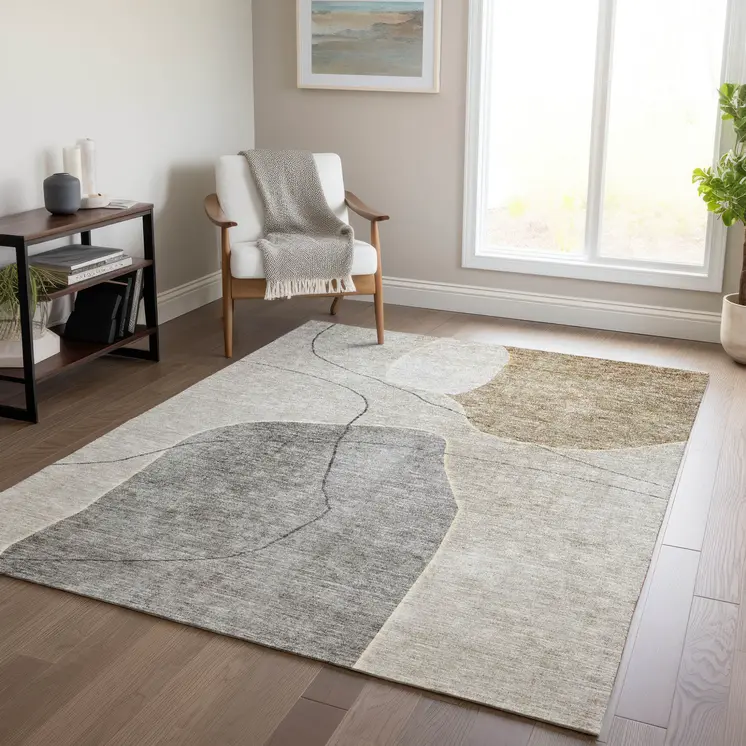 3' X 5' Beige Brown And Taupe Abstract Washable Indoor Outdoor Area Rug