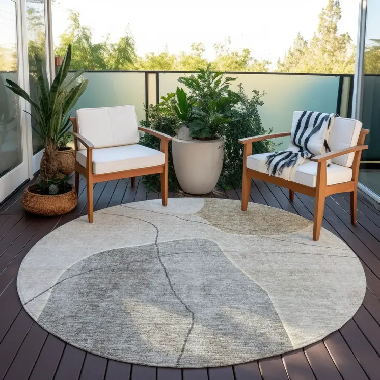 8' Beige Brown And Taupe Round Abstract Washable Indoor Outdoor Area Rug