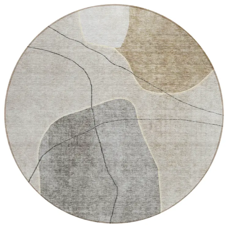 8' Beige Brown And Taupe Round Abstract Washable Indoor Outdoor Area Rug