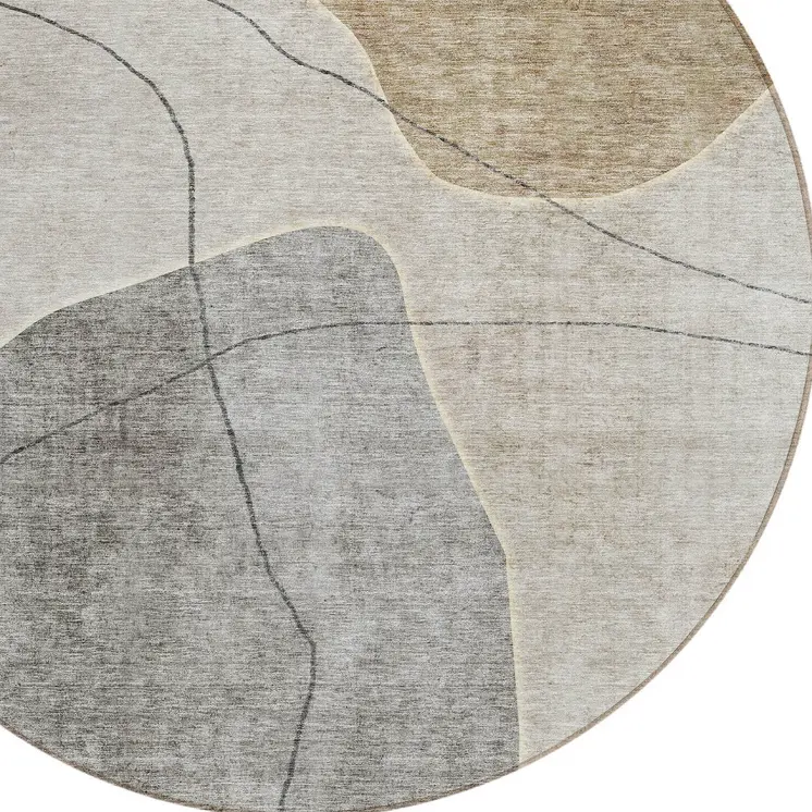 8' Beige Brown And Taupe Round Abstract Washable Indoor Outdoor Area Rug
