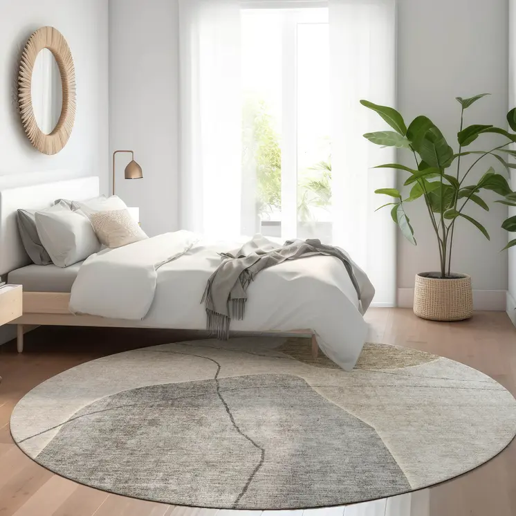 8' Beige Brown And Taupe Round Abstract Washable Indoor Outdoor Area Rug