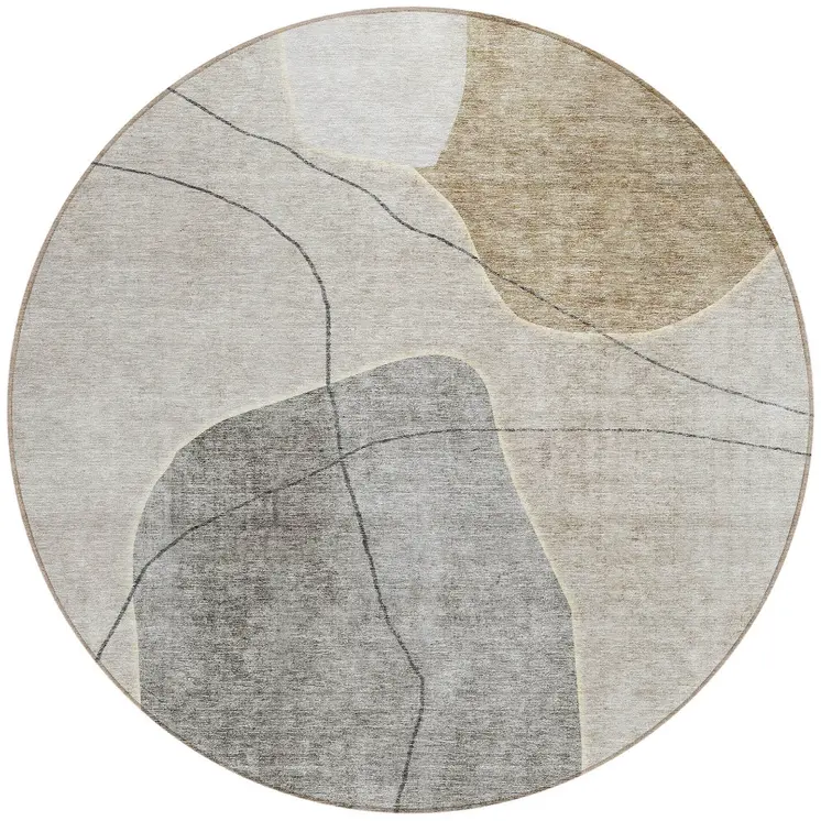 8' Beige Brown And Taupe Round Abstract Washable Indoor Outdoor Area Rug