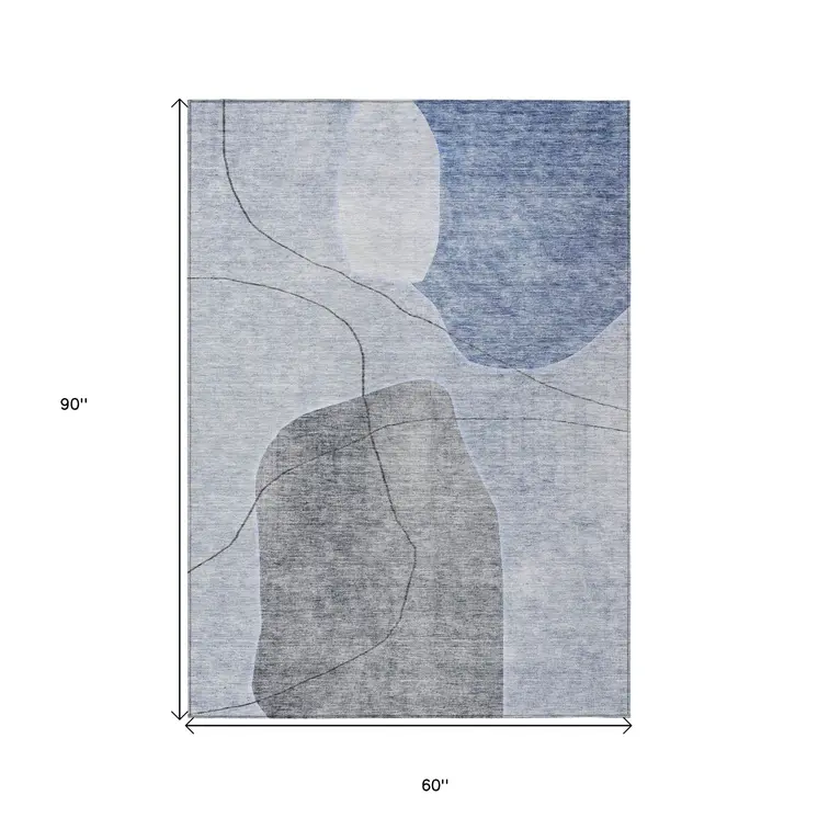 5' X 8' Denim Blue And Sky Blue Abstract Washable Indoor Outdoor Area Rug
