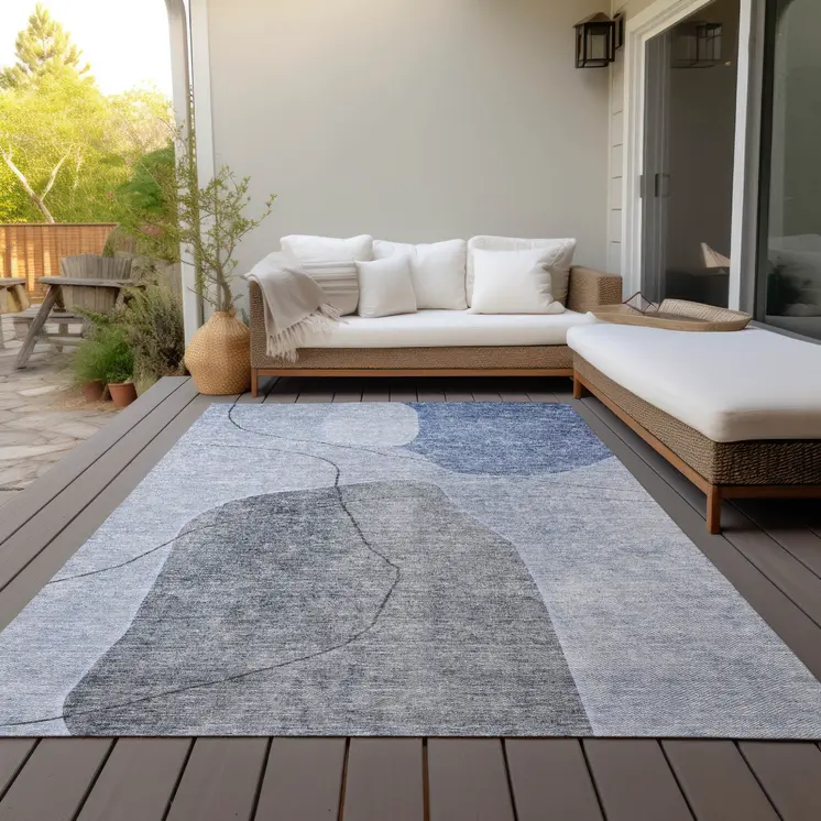 5' X 8' Denim Blue And Sky Blue Abstract Washable Indoor Outdoor Area Rug