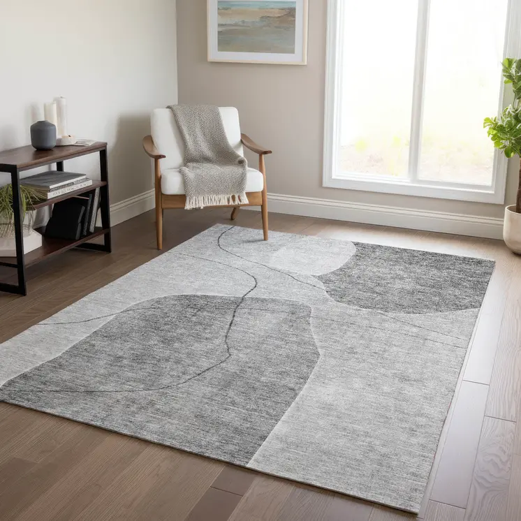 5' X 8' Gray Charcoal And Silver Abstract Washable Indoor Outdoor Area Rug