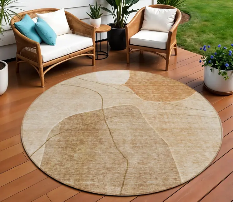 8' Orange Copper And Terra Cotta Round Abstract Washable Indoor Outdoor Area Rug