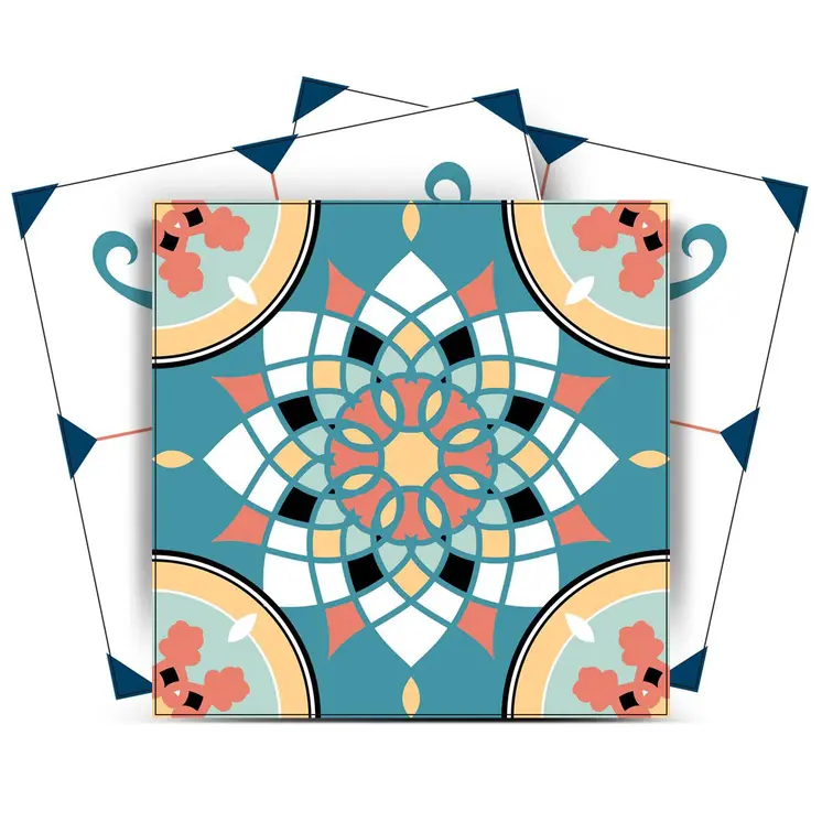 7" x 7" Teal Blue Vinyl Arabesque Peel And Stick Removable Tiles