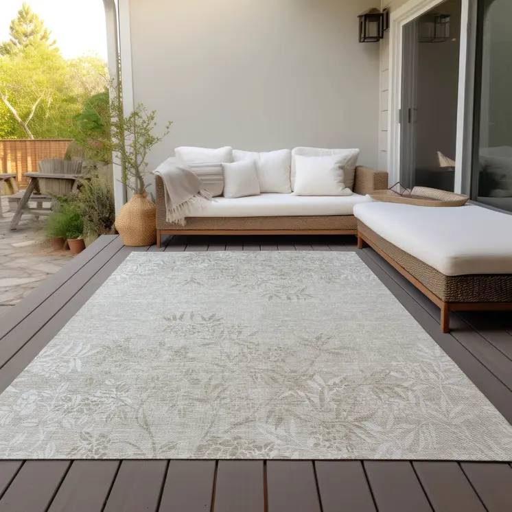 5' X 8' Beige Tan And Ivory Floral Washable Indoor Outdoor Area Rug