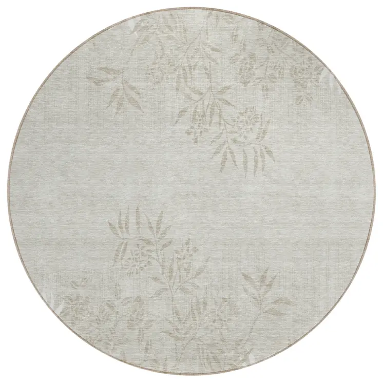8' Beige Tan And Ivory Round Floral Washable Indoor Outdoor Area Rug