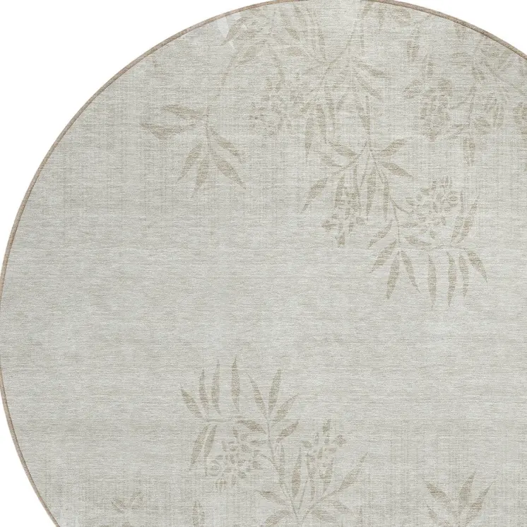 8' Beige Tan And Ivory Round Floral Washable Indoor Outdoor Area Rug